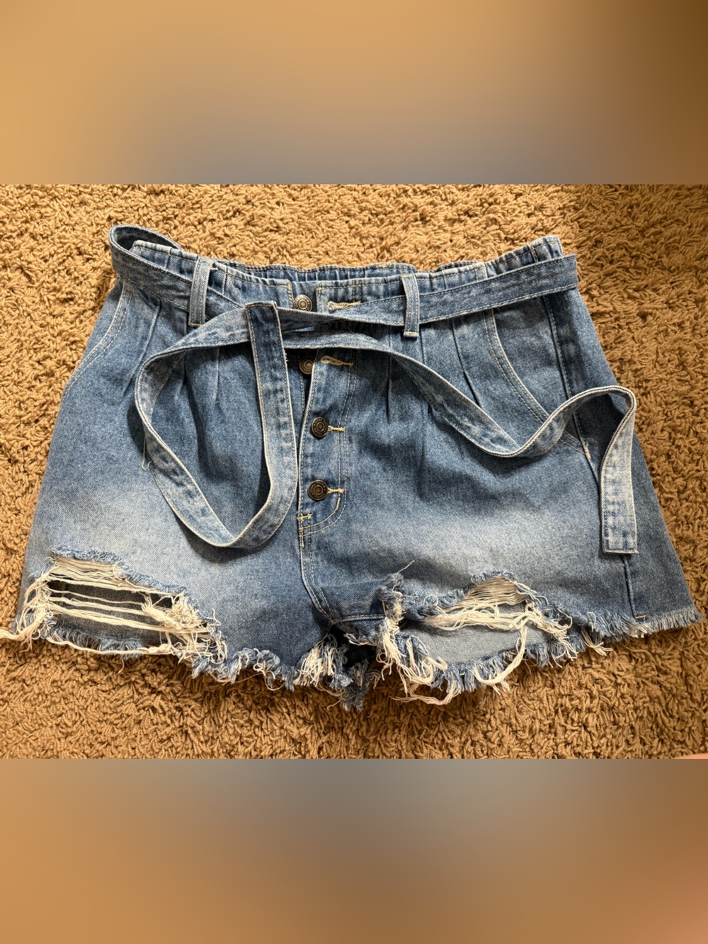 Impressions Light Blue Distressed High-Rise Jean Shorts with Waist Tie